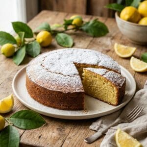 Ein goldbraun gebackener, saftiger Zitronenkuchen, dezent mit Puderzucker bestäubt und mit frischen Zitronenscheiben garniert auf einer rustikalen Kuchenplatte.