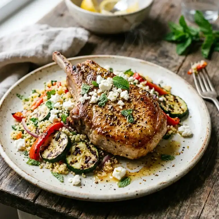 Ein saftig gebratenes Kotelett mit Zitronenpfeffer-Kruste auf einem Bett aus buntem Gemüsecouscous mit Feta und frischer Minze.