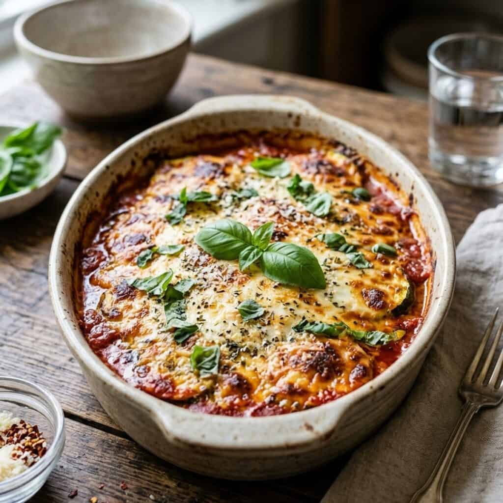 Frisch gebackener italienischer Zucchini-Auflauf in einer Auflaufform mit goldbraun überbackenem Mozzarella, Parmesan und frischem Basilikum garniert.