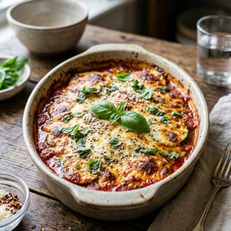 Frisch gebackener italienischer Zucchini-Auflauf in einer Auflaufform mit goldbraun überbackenem Mozzarella, Parmesan und frischem Basilikum garniert.