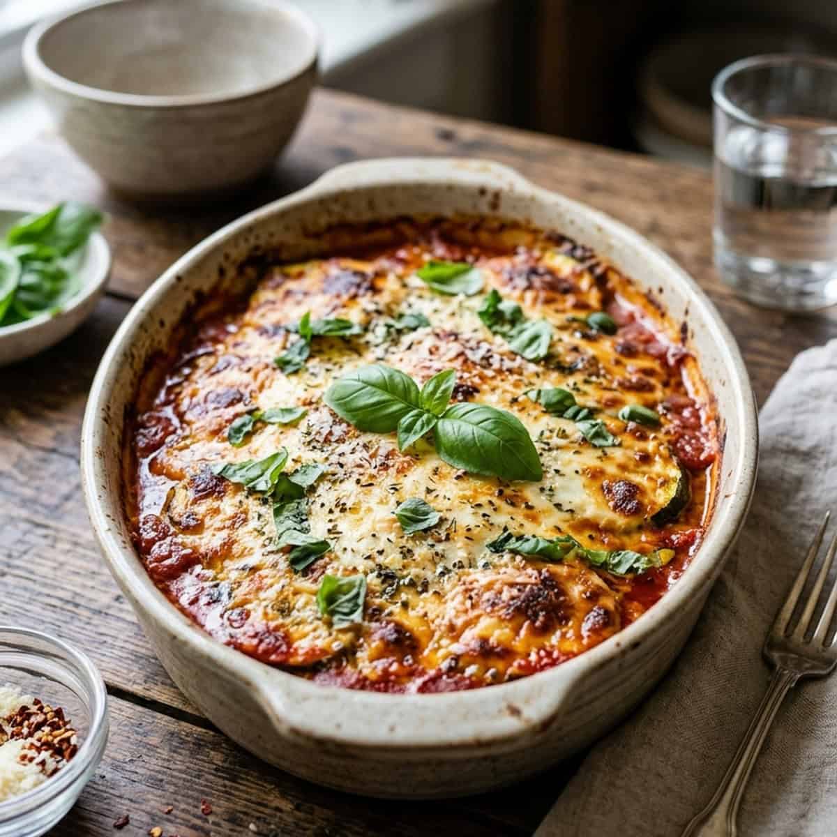 Italienischer Zucchini-Auflauf mit fruchtiger Tomatensauce und zweierlei Käse