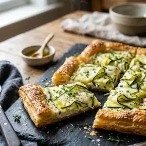 Frisch gebackene Zucchini-Blätterteigtarte mit knusprigem Rand, cremigem Kräuter-Ricotta und feinen Zucchinistreifen auf einem dunklen Servierbrett.