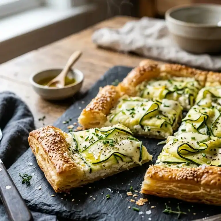 Frisch gebackene Zucchini-Blätterteigtarte mit knusprigem Rand, cremigem Kräuter-Ricotta und feinen Zucchinistreifen auf einem dunklen Servierbrett.