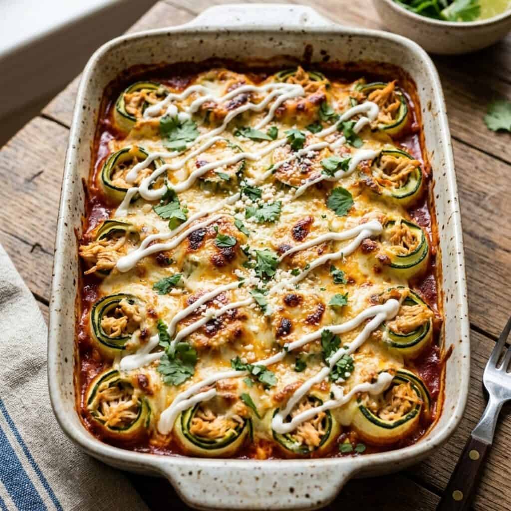 Frisch gebackene Zucchini-Enchilada-Röllchen in einer Auflaufform, überbacken mit geschmolzenem Käse und garniert mit Koriander und Sauerrahm.
