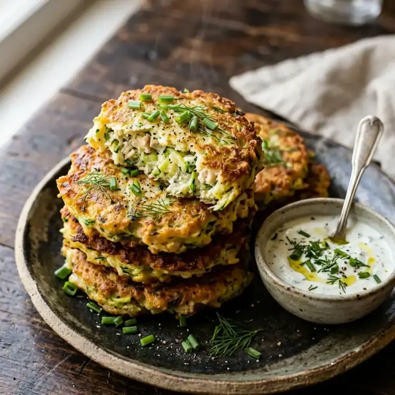 Mehrere goldbraun gebratene Zucchini-Hähnchen-Puffer auf einem rustikalen Teller, garniert mit frischen Frühlingszwiebeln und Schnittlauch.