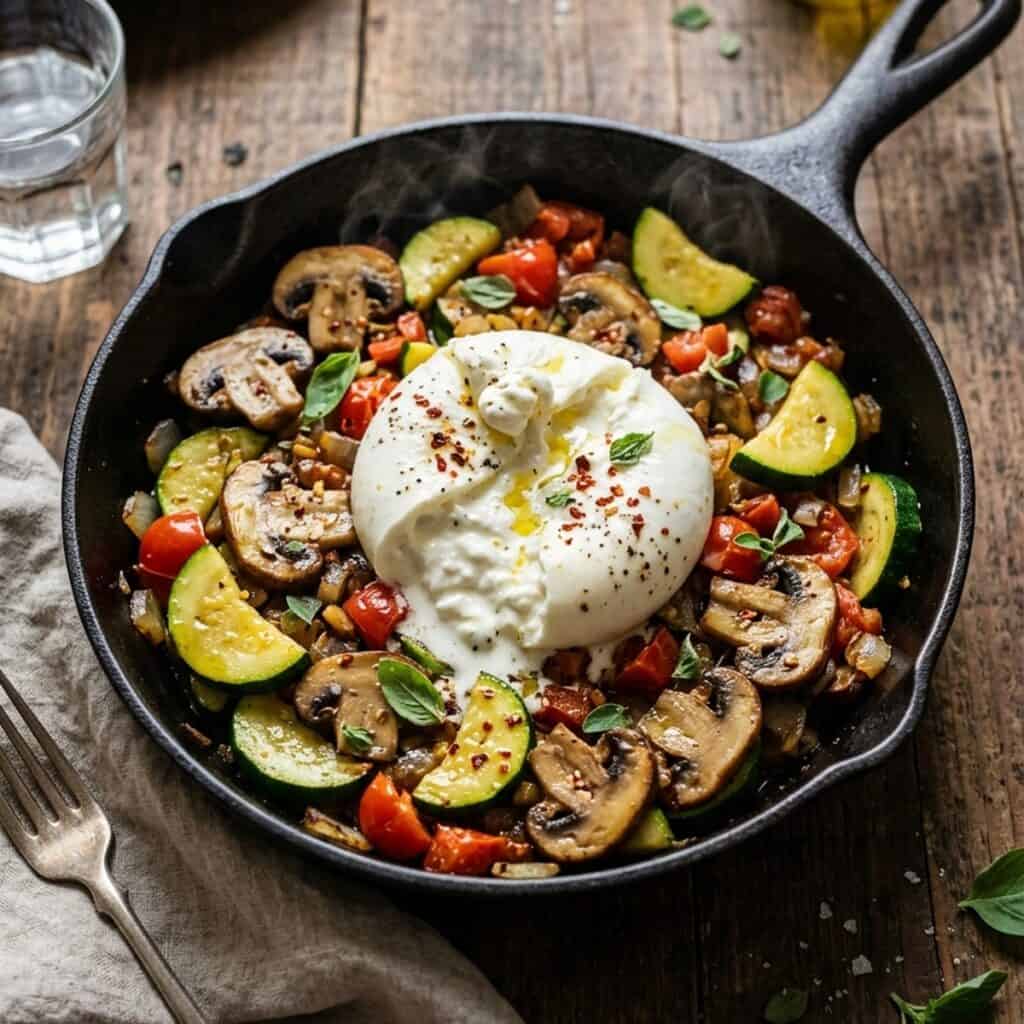 Heiß dampfende Pfanne mit gebratenen Zucchini-Halbscheiben, Champignons und Tomatenstücken, gekrönt von zwei Kugeln cremigem Burrata, beträufelt mit Olivenöl und bestreut mit Chiliflocken.