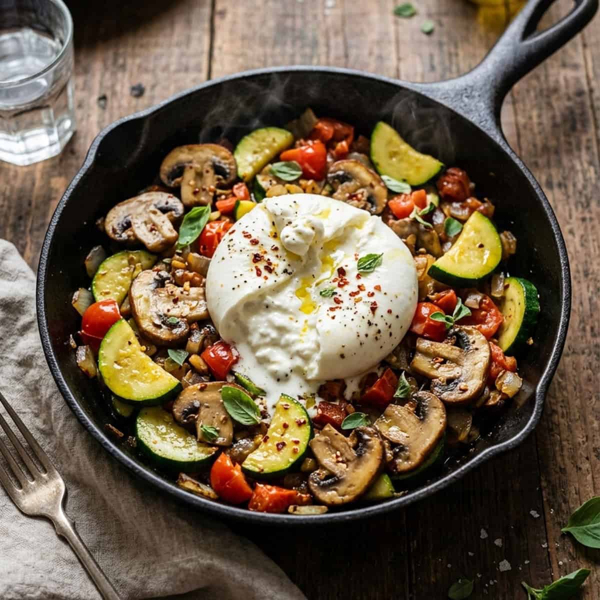 Mediterrane Zucchini-Pilz-Pfanne mit cremigem Burrata